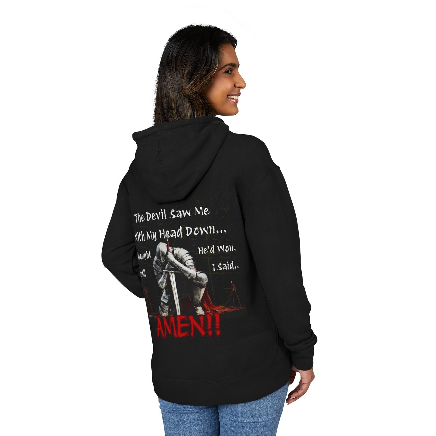 back of woman  wearing a black hoodie with graphic design and text on the back