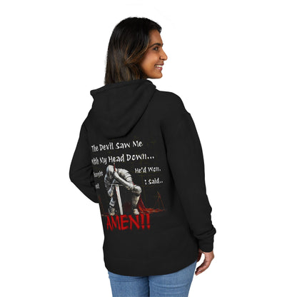 back of woman  wearing a black hoodie with graphic design and text on the back