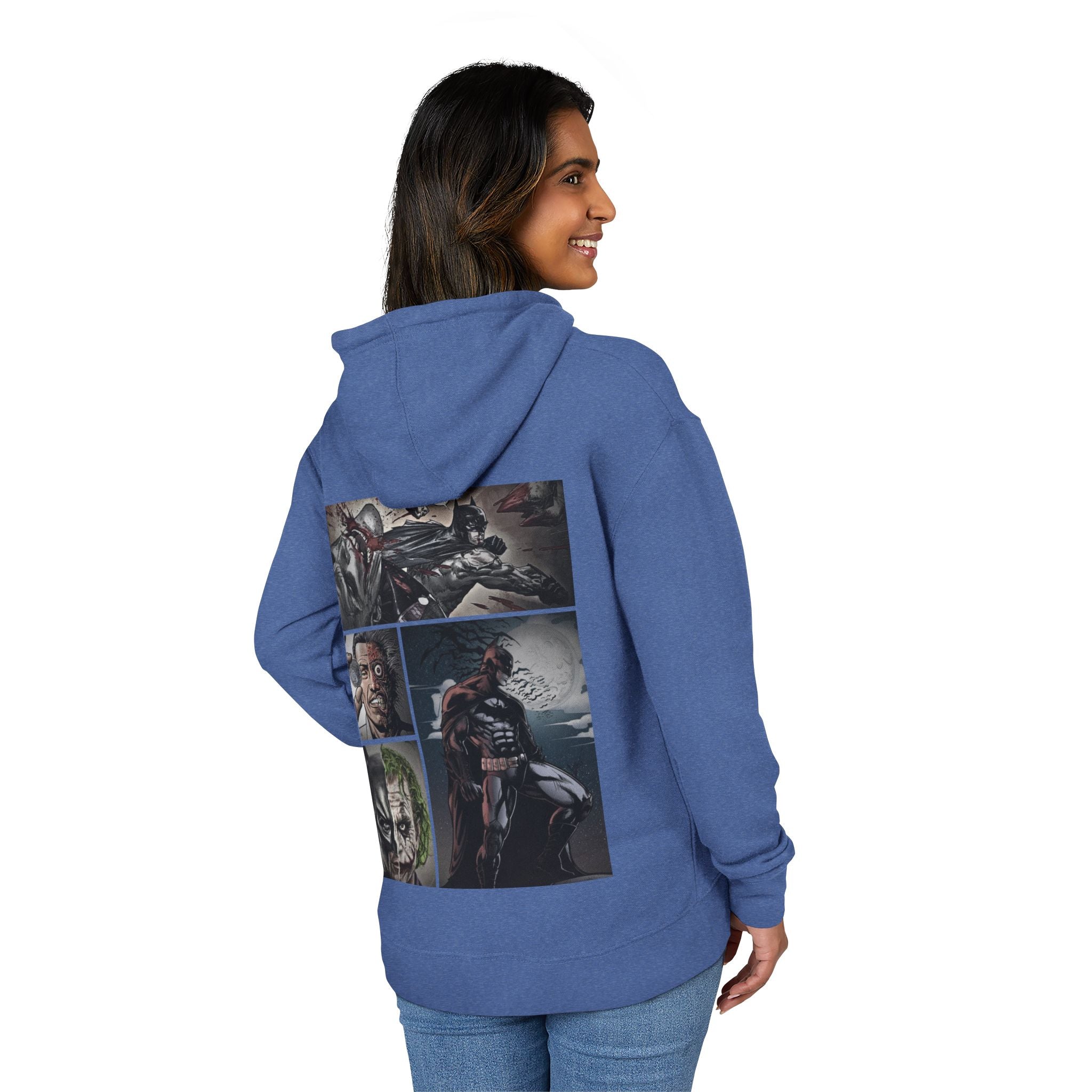 Person wearing a heather royal hoodie with batman graphic designs on the back