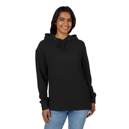 front of woman wearing a black hoodie on a white background