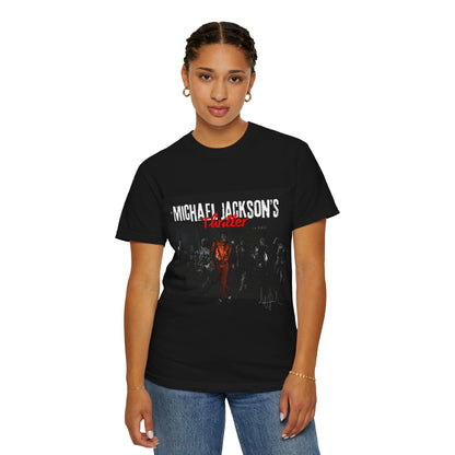 woman wearing a black t-shirt with 'Michael Jackson's Thriller' design on a white background