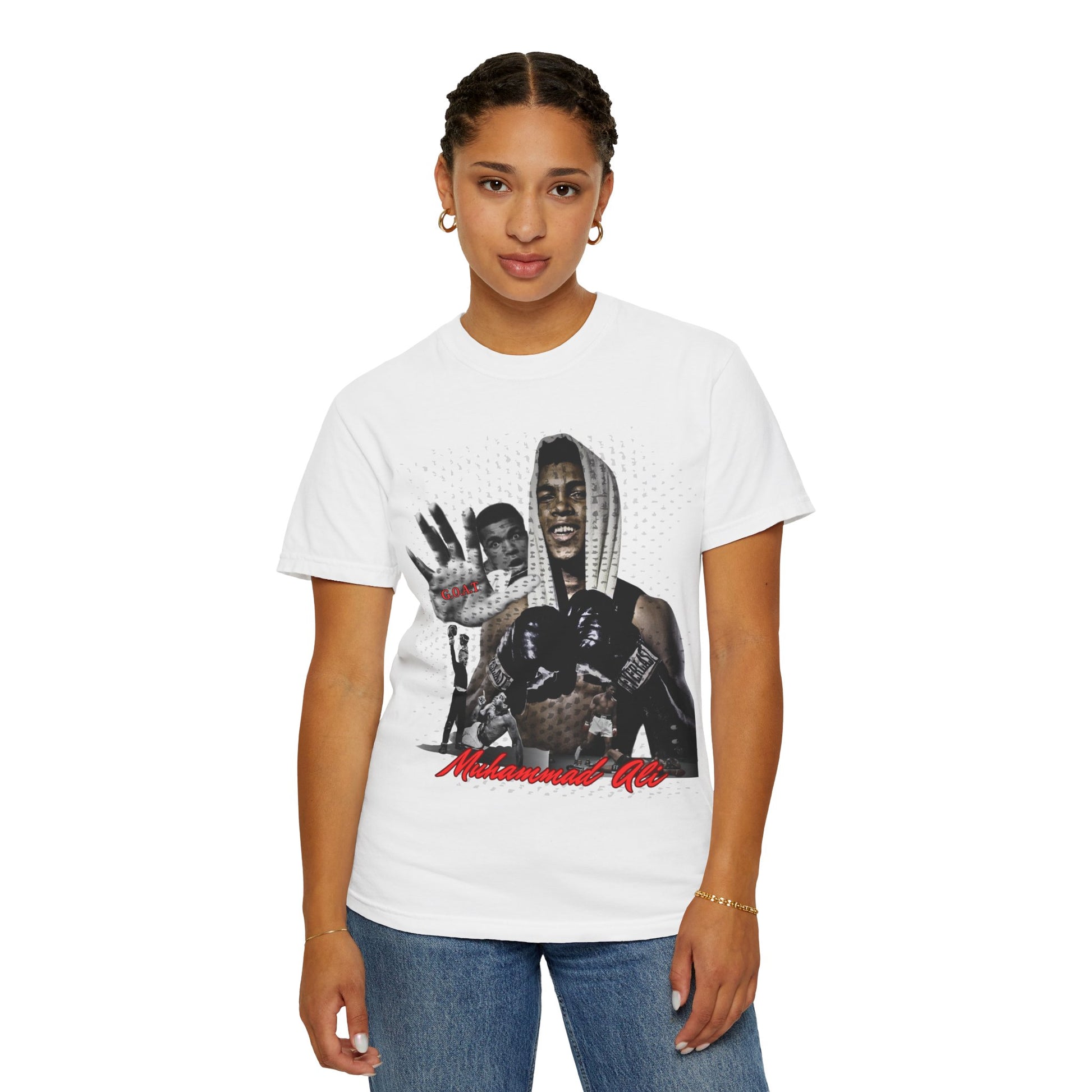 woman wearing a white t-shirt with a graphic design on a white background