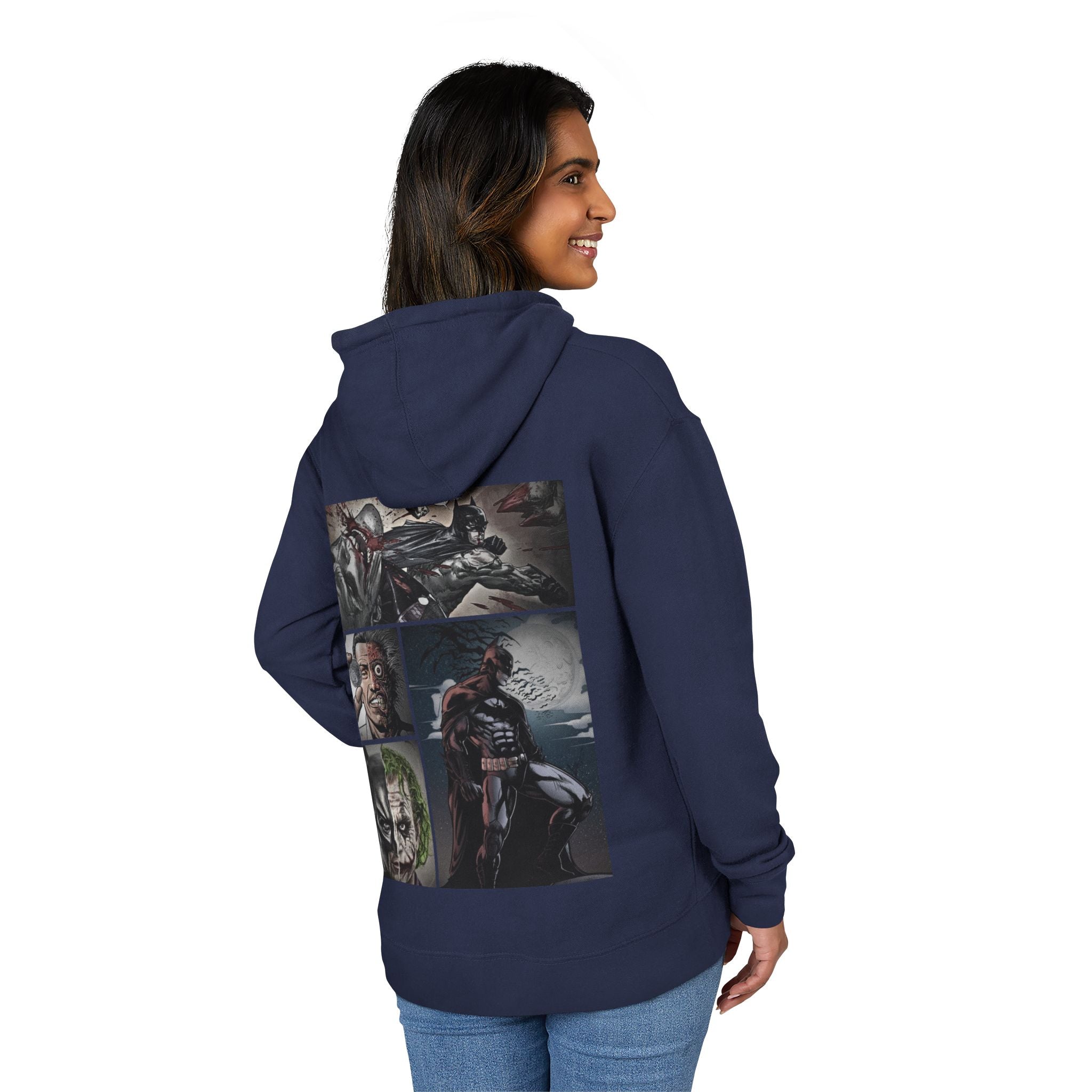Person wearing a navy blue hoodie with batman graphic designs on the back, standing against a white background.
