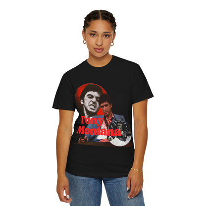 woman wearing a black t-shirt with 'Tony Montana' graphic design in front of it
